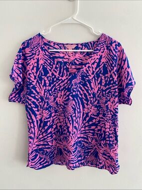LILLY PULITZER Asher Silk Top Pink Blue Rollin in the Grass Zebra Print Sz M